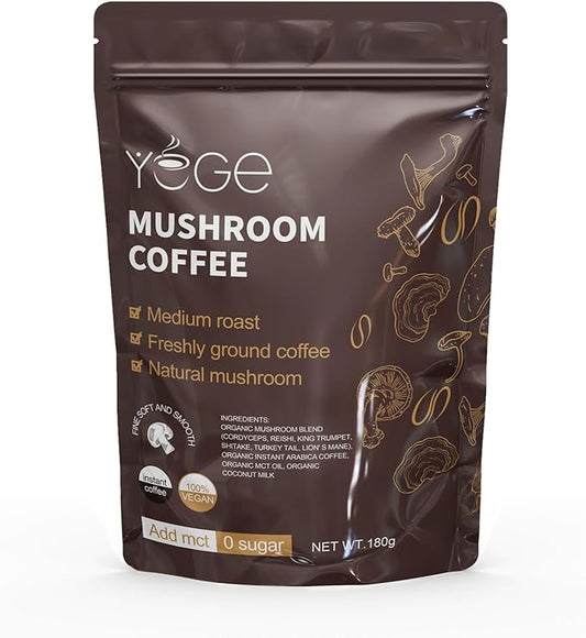 Mushroom Coffee, Instant Organic Mushroom Coffee with Cordyceps, Reish, King Trumpet, Shitake, Turkey Tail, Lions Mane for Energy, Focus, Positive Mood & Immune Support (30 Servings)
