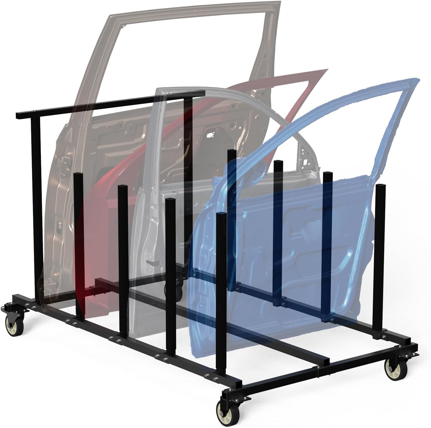 Vehicle Door Storage Cart, 4 Door Storage Rack with Dedicated Area for Each Door Maximize Space Utilization 4 Inch Swivel Caster Allow Floor Mobile Vehicle Door Storage Cart Smooth Maneuverability