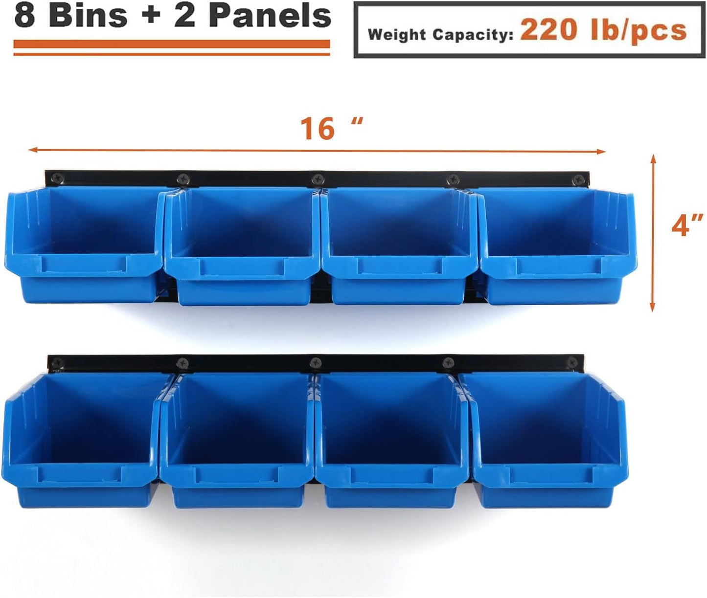 Wallmaster 8-Bin Storage Bins Garage Rack System 2-Tier Orange Tool Organizers Cube Baskets Wall Mount Organizations (Blue)
