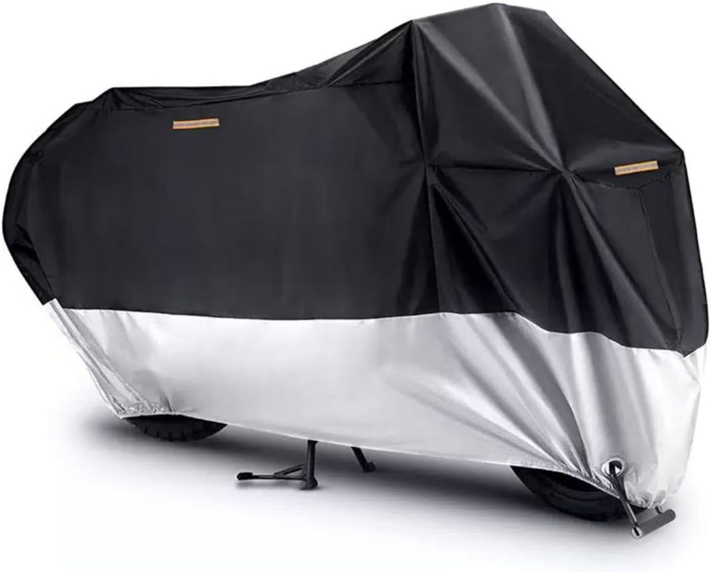 Motorcycle Cover, 210D Oxford Cloth, with Reflective Stripes, Waterproof Outdoor Protection, All-Weather Universal car Cover, with Lock Holes and Storage Bag. (Black Silver, 90.5")