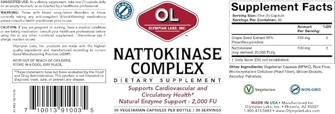 Olympian Labs Nattokinase Complex with Grape Seed Extract Herbal Supplements, Superior Heart Health Support - 30 Daily Capsules