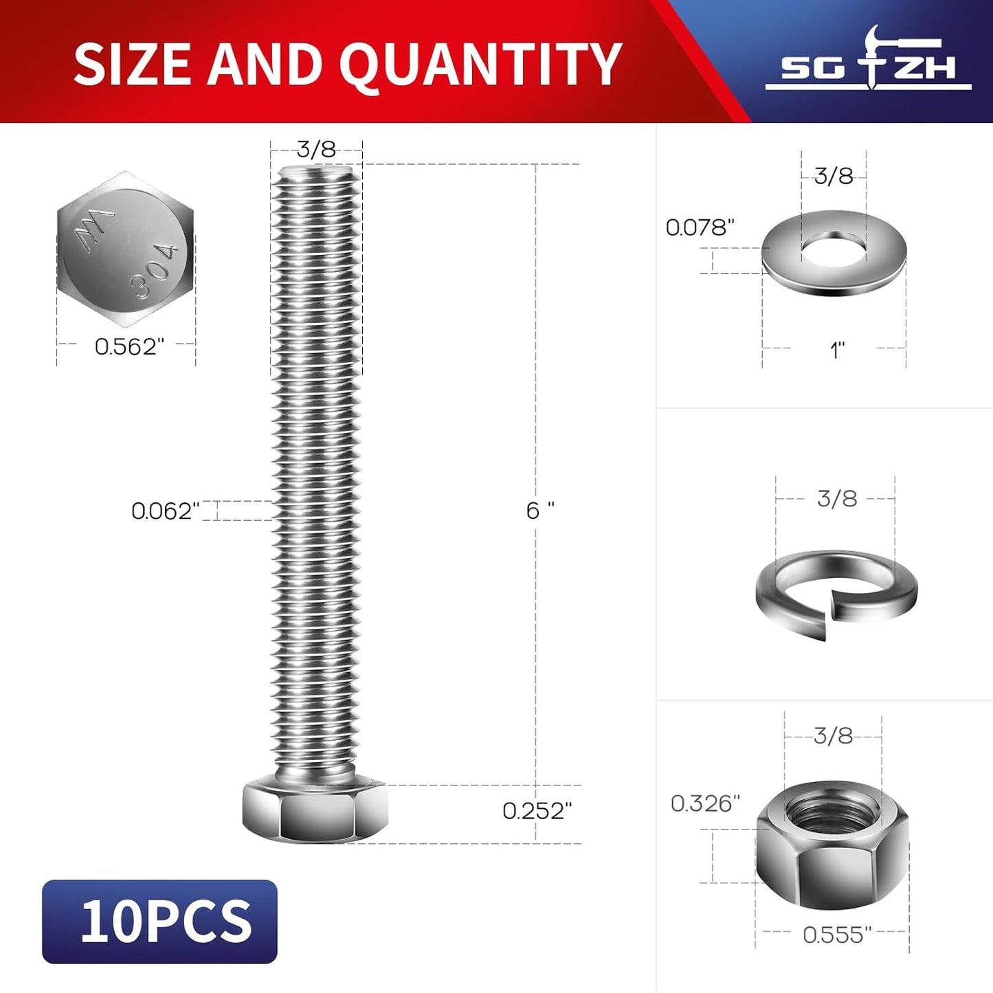 3/8-16 x 6" Hex Head Screw Bolt, Nuts, Flat & Lock Washers, 10Pcs 18-8 (304) Stainless Steel, Fully Threaded, by SG TZH