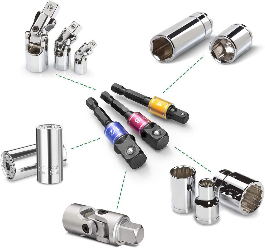 Socket Adapter Extension Set, 1/4, 3/8, 1/2 Inch Hex Shank, Impact Grade, Power Drill to Socket Converter, 3-Piece (Black)