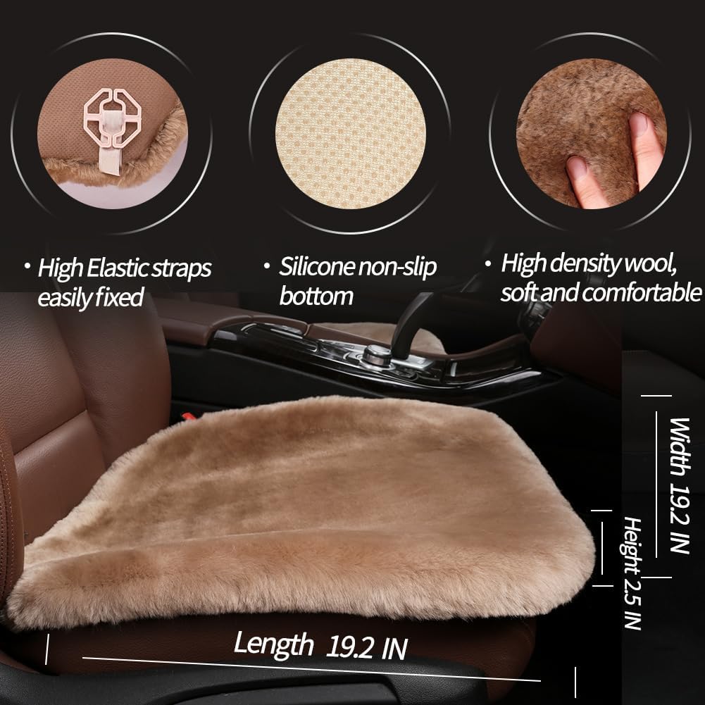 LLB Genuine Sheepskin Car Seat Cushion Seat Covers for Cars Trucks SUV Comfort Seat Protector Pad for Car Driver Seat Car Accessories for Women Office Chair Car Decor (Tan, Front Seat Cushion-1 Pc)