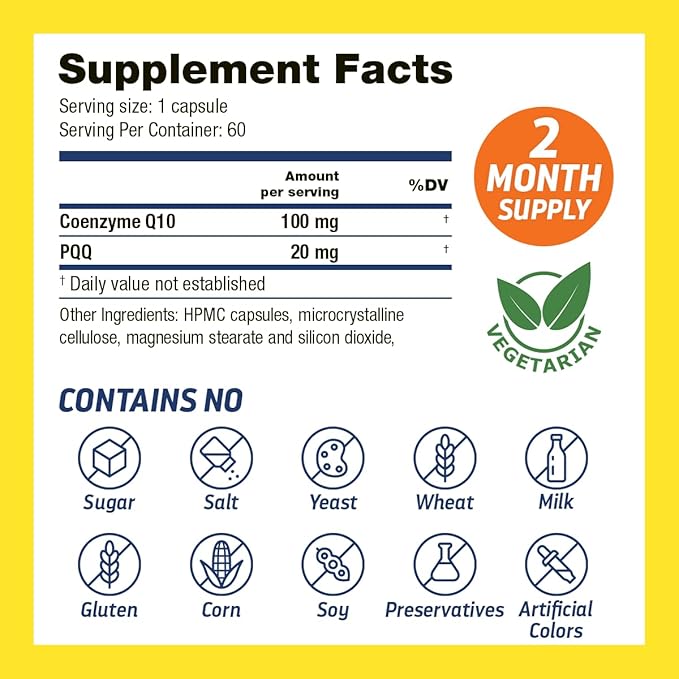 PQQ CoQ10 - PQQ 20mg With CoQ10 100mg, PQQ Supplement With Coenzyme Q10 Supplement Supports Brain Health, 60 Veggie Caps - 1 Capsule per Serving