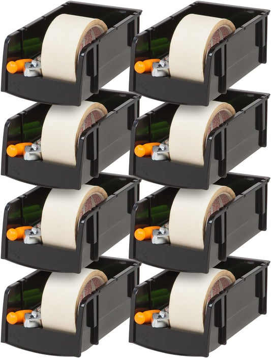 IRIS USA Stackable Bins, 7.5 x 4.5 x 3 inch, Plastic Hanging Open Front Shelf Bin Storage Organizer for Hardware, Craft Supplies, Small Parts, Nuts and Bolts, Garage Organization, 8 Pack- Small, Black