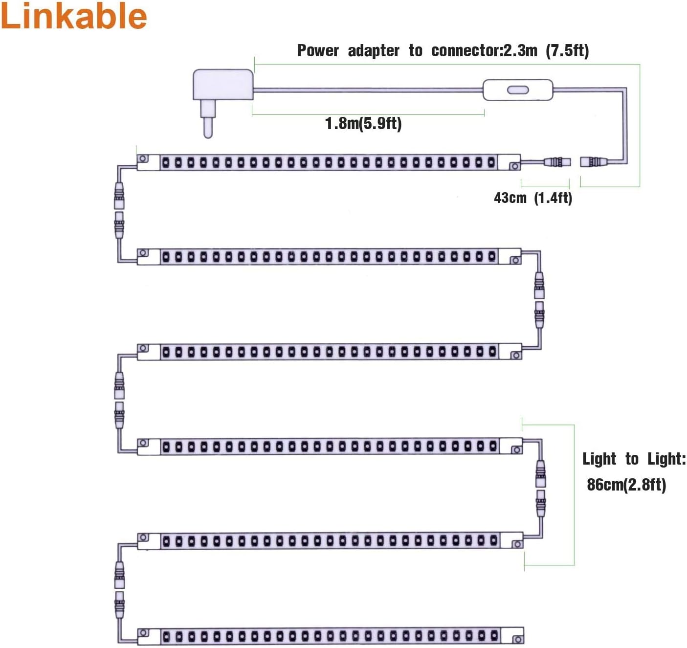 Led Light Strips Kit, (6) 12’’ Linkable Light Bars + Rocker Switch + UL Power Adapter, Under Cabinet Lighting for Locker Closet Shelf, Showcase Lighting, 6000K Cool White