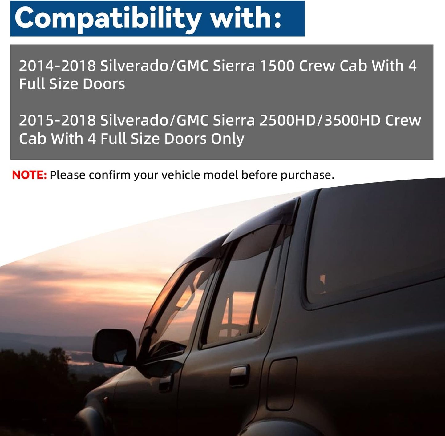 Set of 4 Front+Rear Smoke Sun/Rain Guard Outside Mount Tape-On Acrylic Window Visors Compatible with 14-18 Silverado Sierra 1500 15-18 2500/3500 HD Crew Cab with 4 Full Size Doors