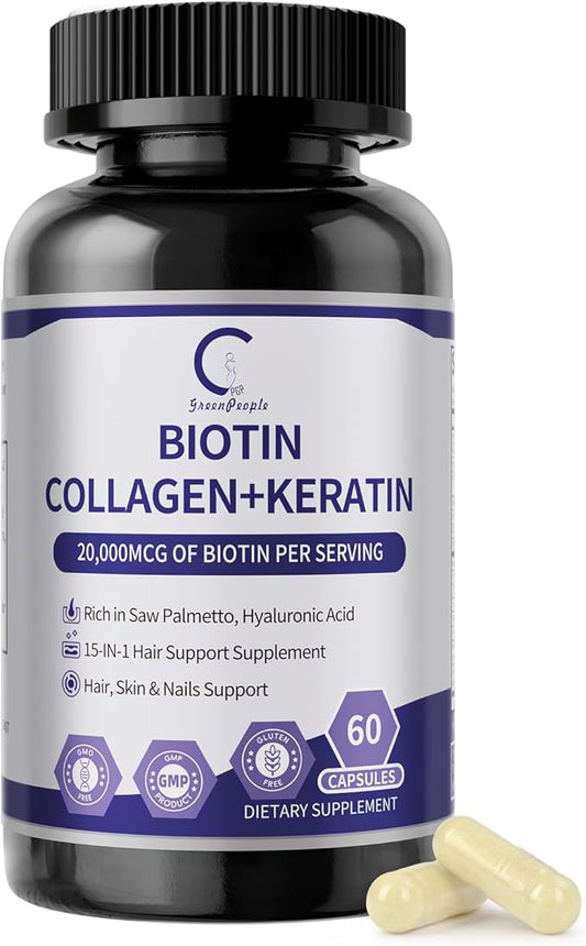 GPGP GreenPeople Biotin | Collagen | Keratin - Hair Growth biotin 20000MCG-Hair, Skin & Nails with Multivitamins & Minerals for Men & Women - 60 Capsules