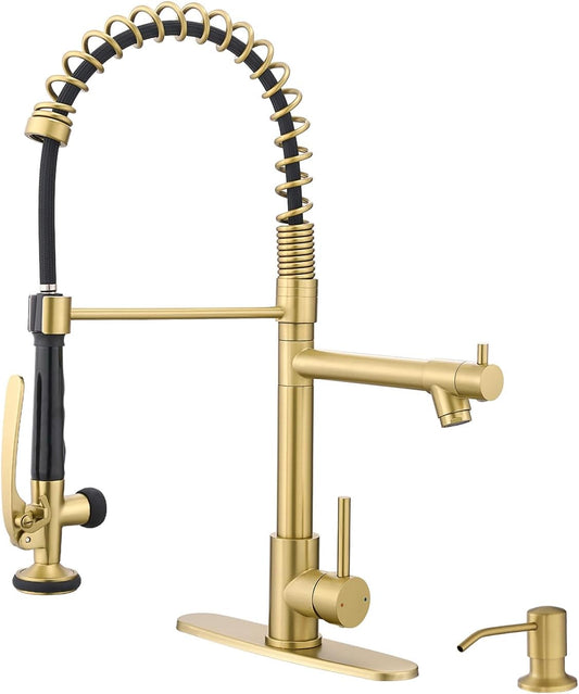 Fapully Commercial Kitchen Sink Faucet with Pull Down Sprayer Brushed Gold Single Handle Faucets for Kitchen Sink, Kitchen Faucet with Soap Dispenser and Deck Plack for 4 Hole