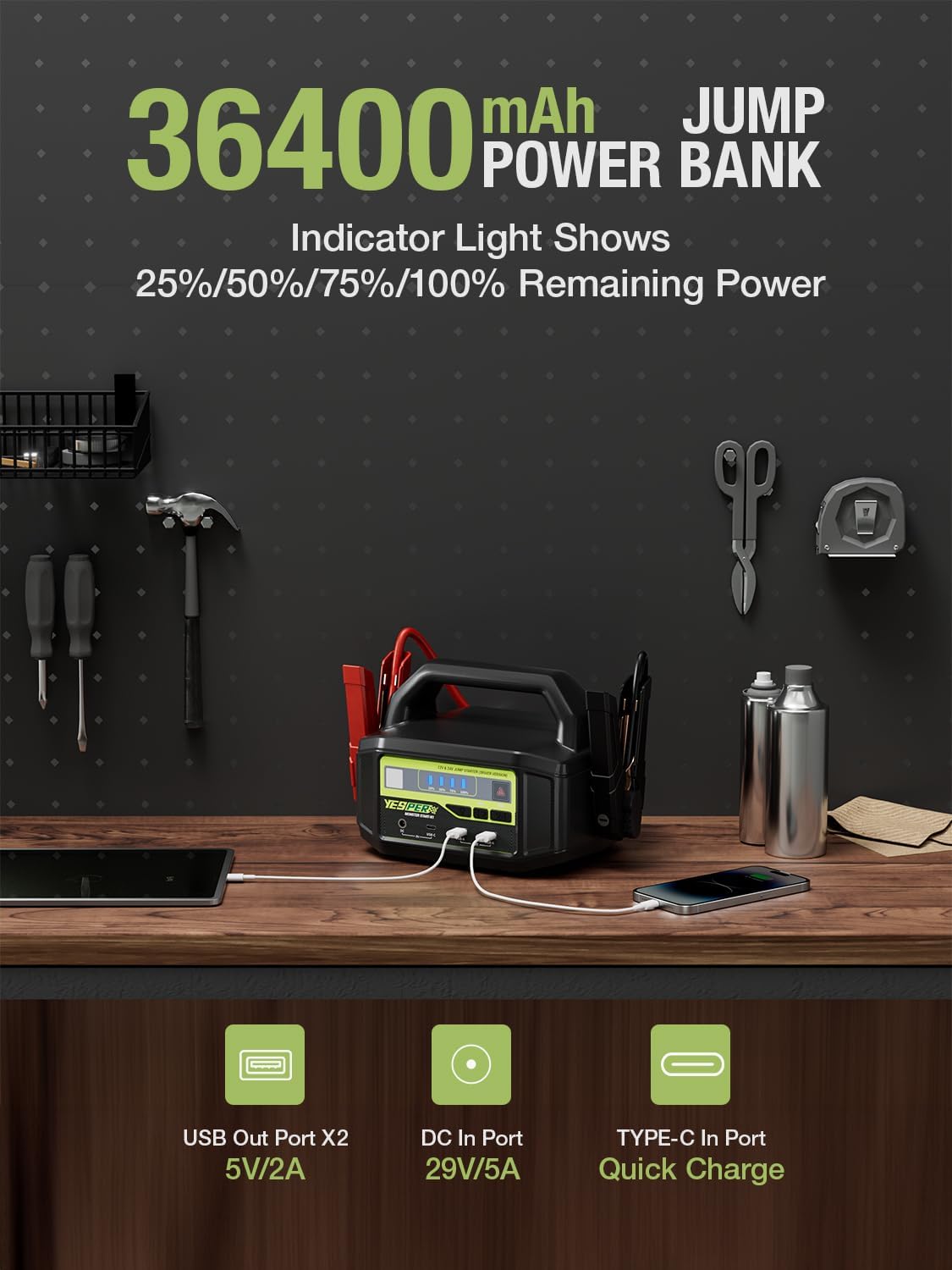 YESPER 12V/24V Car Jump Starter, 6000A Peak 5.1 lbs Portable Jump Starter Battery Pack Quick Charge with AC Adapter 36400mAh Battery Booster Pack (Up to All Gas/Diesel Engine) Jumper Box