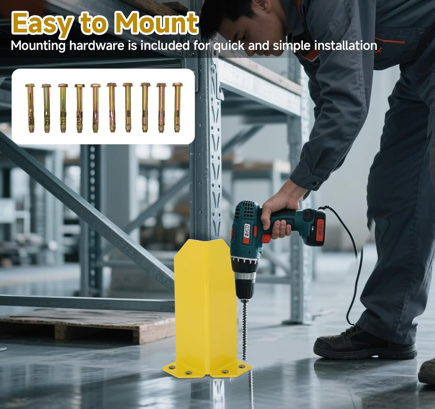 lesolar Pallet Rack Post Protectors, 12" Height Carbon Steel Pallet Rack Guard, 1/5" Thickness Pallet Rack Frame Guard, Safety Yellow Pallet Edge Protectors with Hardware (2 Packs)