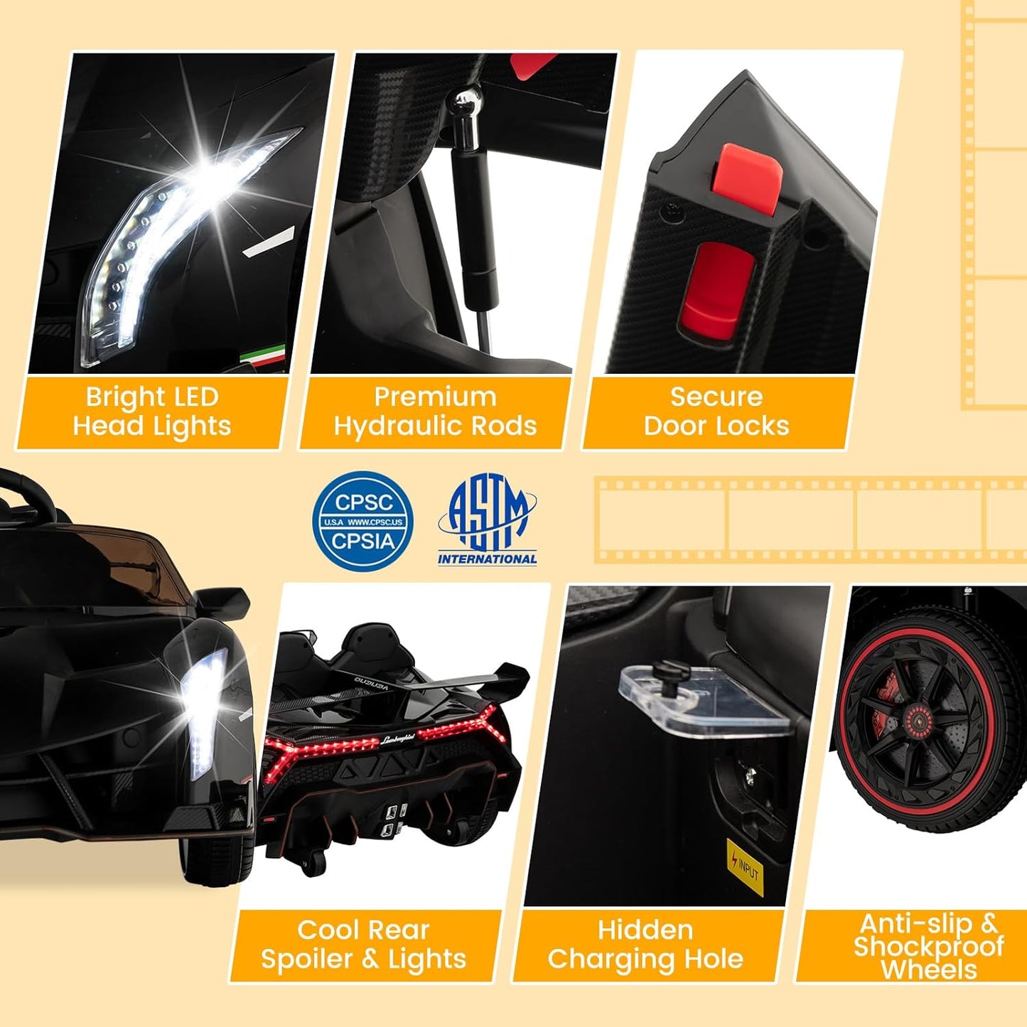 Costzon Ride on Car, Lamborghini Licensed 12V Battery Powered 4WD Sports Car with Remote Control, 3 Speeds, Hydraulic Doors, LED Lights, Towing Wheel, Horn, Music, Electric Vehicle for Kids Aged 3-8