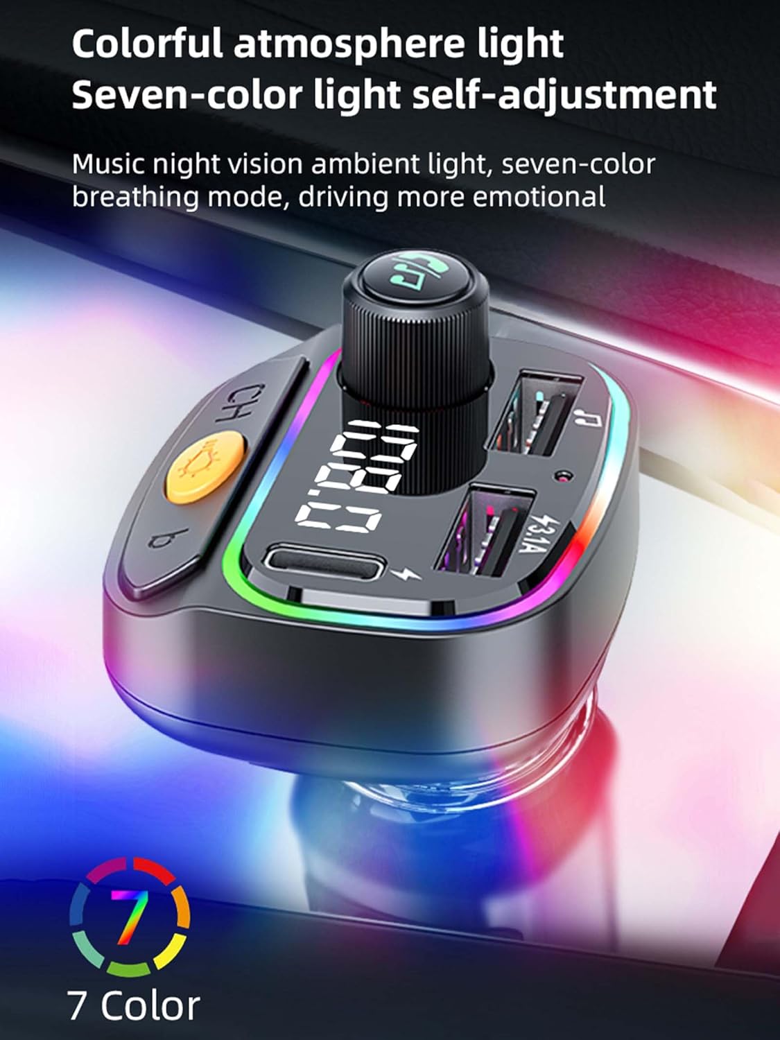 Bluetooth 5.3 FM Transmitter for Car, Wireless Car Charger with 7-Color RGB Breathing Light, Hi-Fi Sound Quality & Hands-Free Calling, Fast Charging, USB/UMP3 Play, Universal Fit for iPhone Android