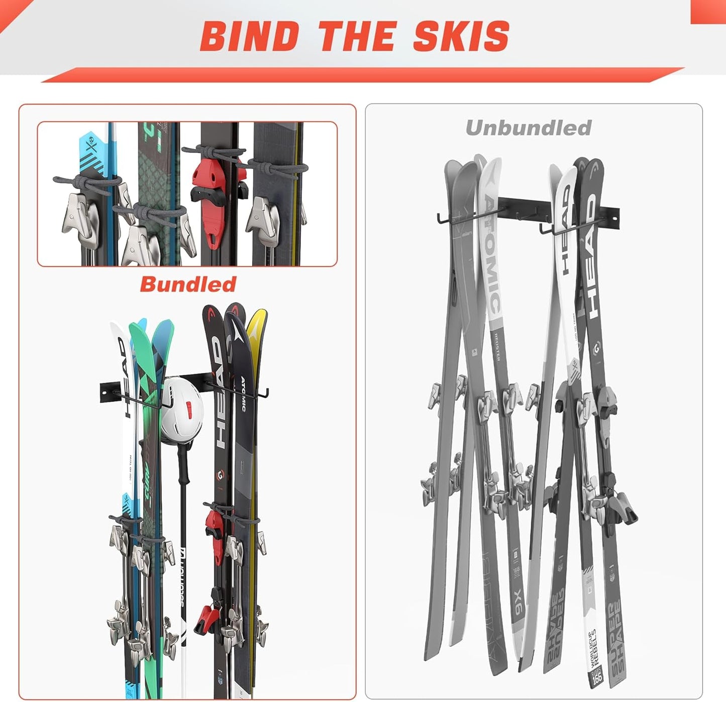 WALMANN Garage Ski Rack, Indoor Ski Hangers for Garage Ski Storage Wall Mounted Ski Holder Holds Up to 8 Pairs of Skis