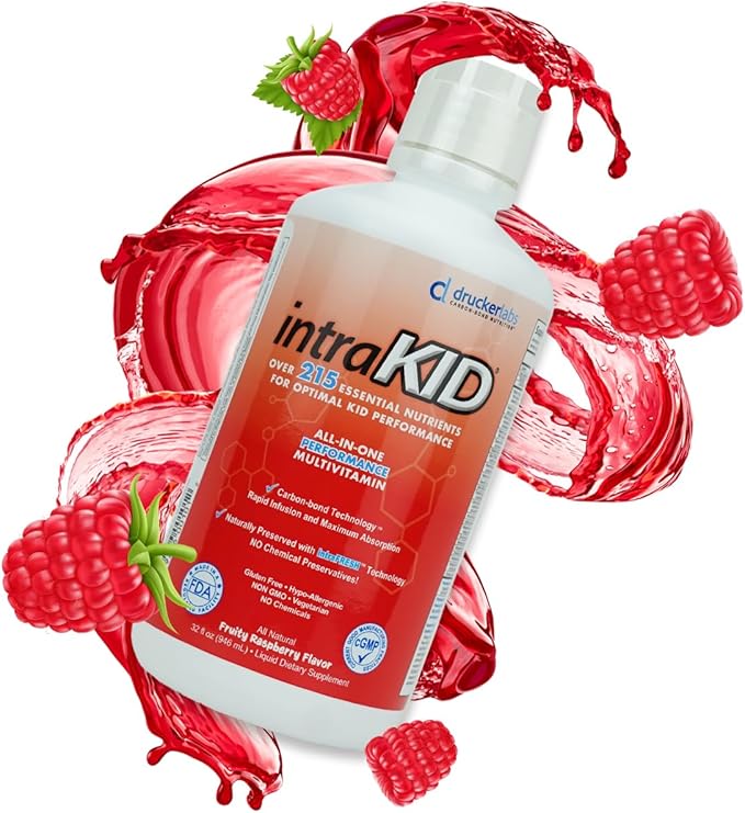 Drucker Labs Organic Liquid Multivitamin for Kids, Immune Support, Non GMO, Dairy Free, Gluten Free, Magnesium, Vitamin A,C,E, Zinc, (32 oz., Fruity Raspberry)