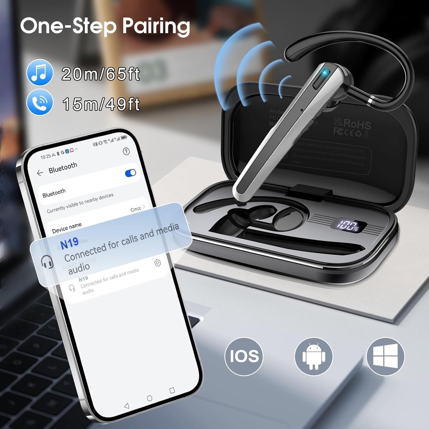 Bluetooth Headset V5.3, Wireless Earpiece with Dual ENC Noise Canceling Mic, 120H Hand-Free Talk Single-Ear Bluetooth Earpiece with LED Display, IP7 Waterproof Headphones for Office/Trucker/Business