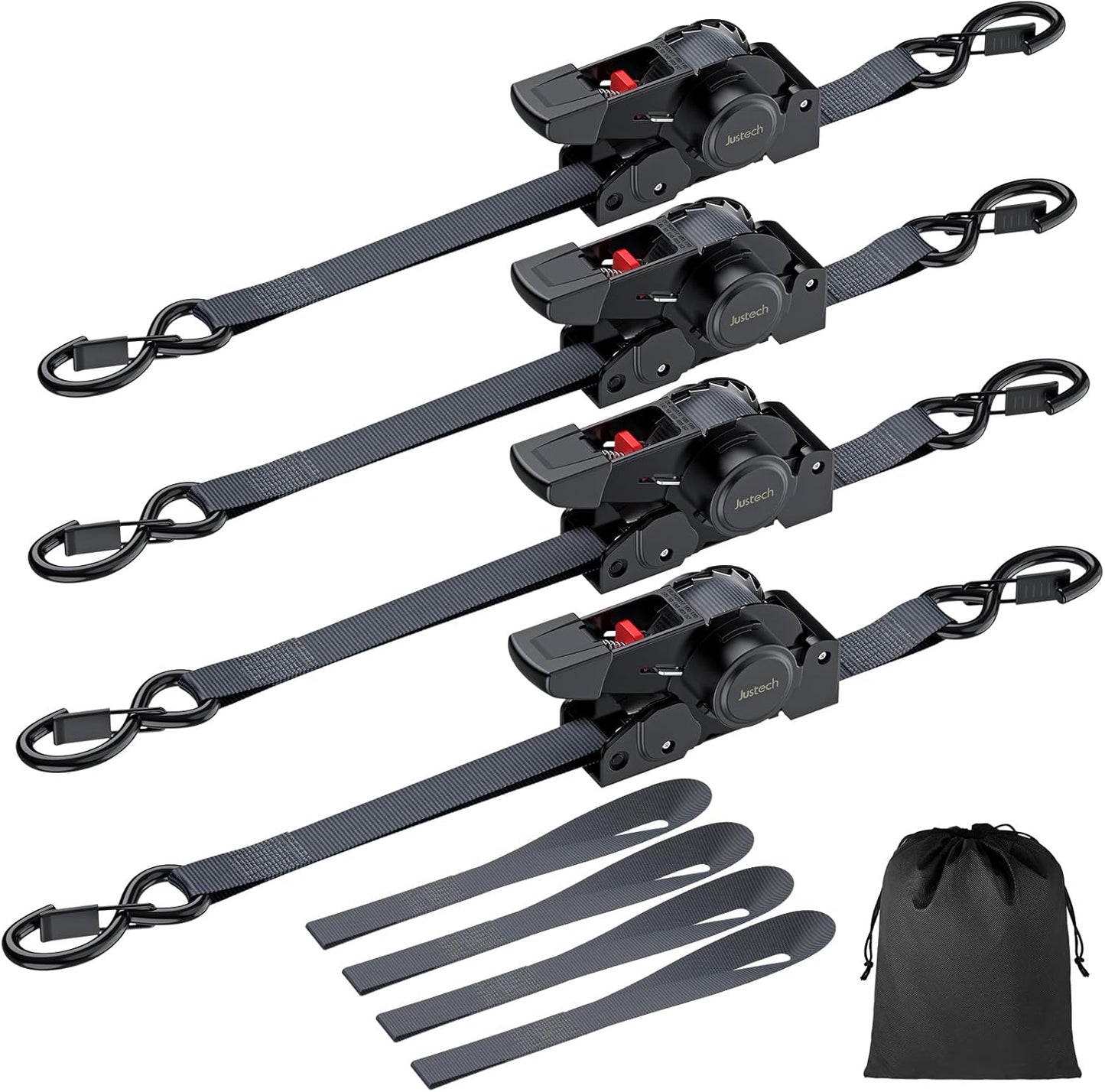 Justech 4 Pack Retractable Ratchet Straps, 1 in x 11.6 ft-1411 lbs Break Strength, Heavy Duty Auto Ratchet Tie Down Straps with Soft Loops & Storage Bag for Motorcycle, Truck, Trailer, Cargo Van, Boat