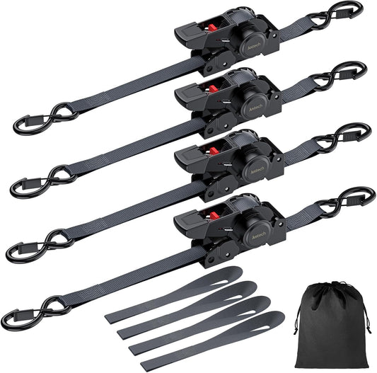 Justech 4 Pack Retractable Ratchet Straps, 1 in x 11.6 ft-1411 lbs Break Strength, Heavy Duty Auto Ratchet Tie Down Straps with Soft Loops & Storage Bag for Motorcycle, Truck, Trailer, Cargo Van, Boat