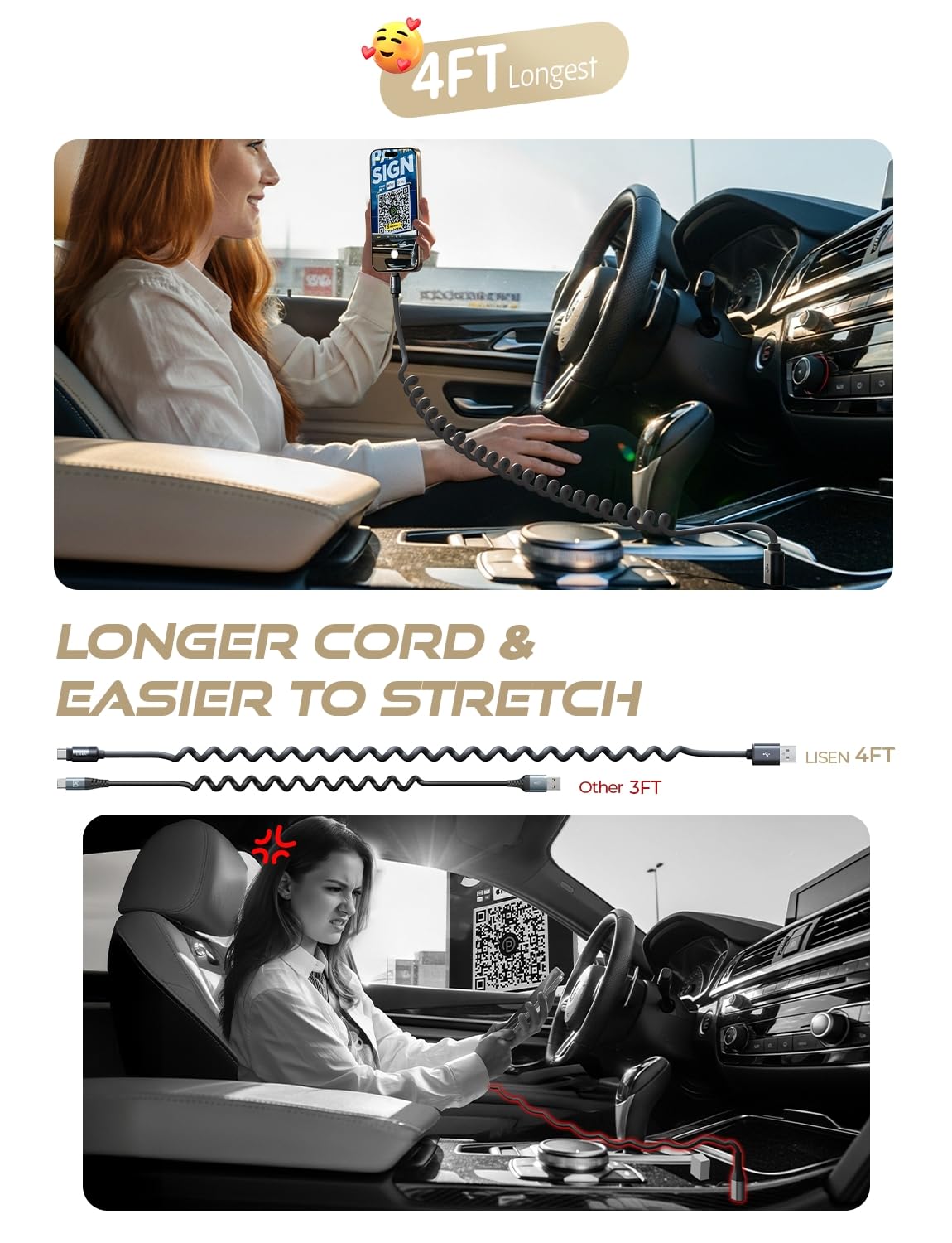 LISEN Coiled USB C Cable, 2 Pack for Android Auto & CarPlay Cable, 4FT Short USB A to USB C Cable Compatible with iPhone 16/15, Samsung Galaxy S25/S24/S23 A15/A14, Google Pixel 9/8, Moto, TCL-Black