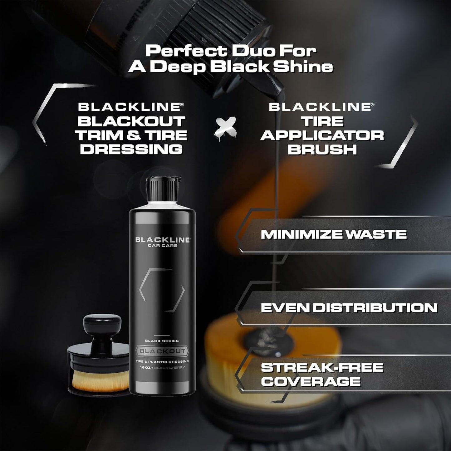 Blackline Car Care - Blackout Trim and Tire Dressing for Plastic, Rubber, Vinyl, and Tires Safe for Cars, Trucks, SUVs & More - 16 fl OZ