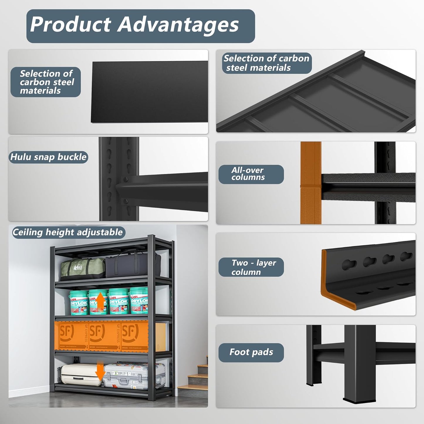 Thickened Steel Structure Multi-Functional Storage Shelves Load Capacity 500 lbs per Shelf Free Adjustable Height Suitable for Garage, Basement, Warehouse Storage, Black (63.0 “H*35.4 ”W*15.7 "D)