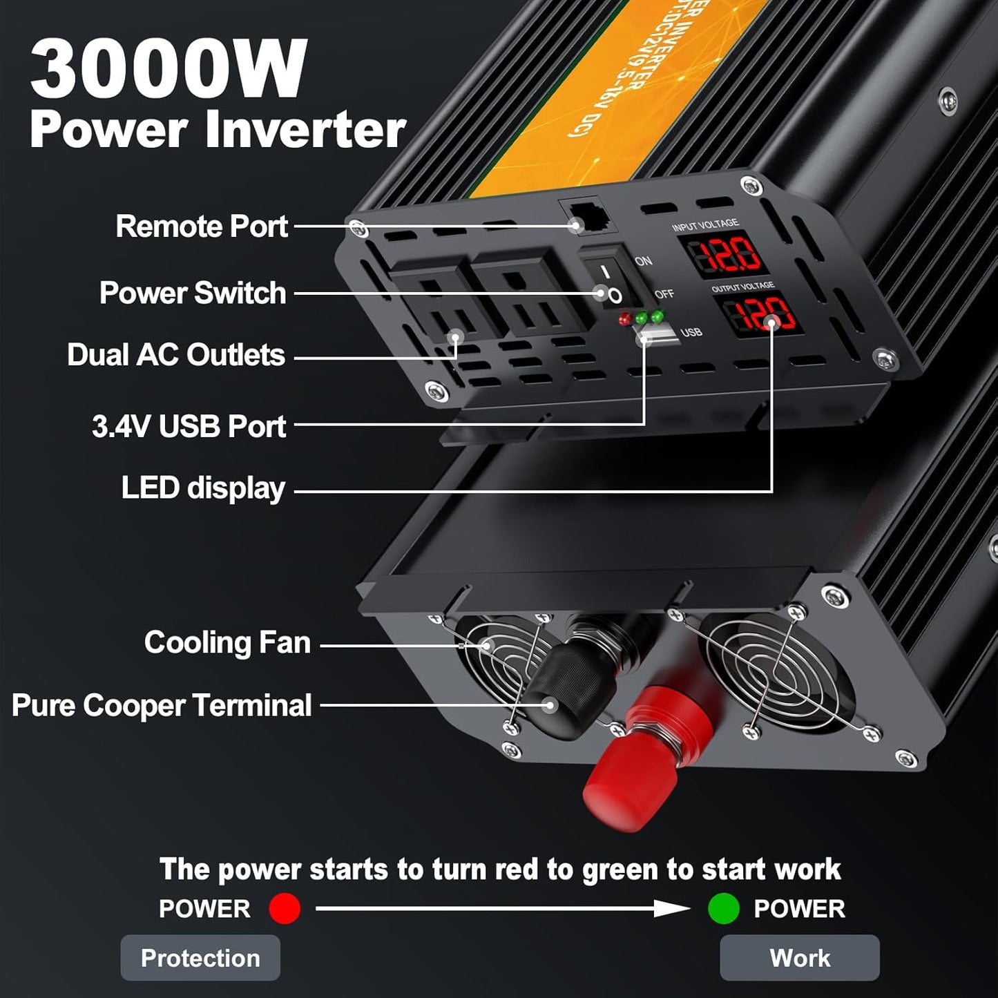 3000W Power Inverter,Peak Power 6000W 12V DC to AC 110V120V,Remote Control with 2AC Outlets and 2.4USB Port,LCD Display for Power Converter,Outdoor Activities,Emergency,Vehicles Truck RV Solar System