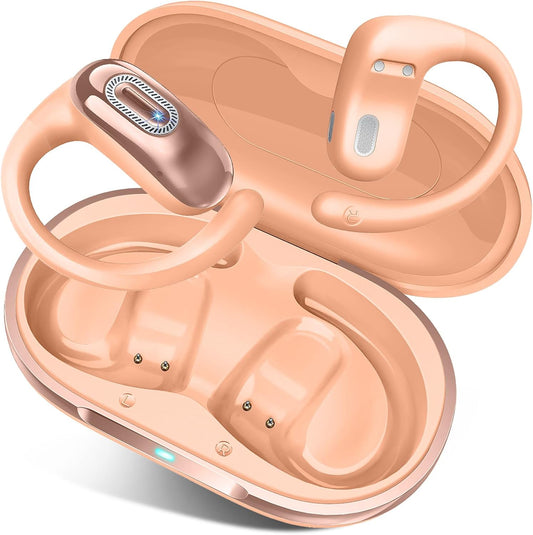 Open Ear Headphones, Bluetooth 5.4 Earbuds, 50H, Air Conduction Ear buds, HD Stereo Bass Over Ear Earphones with Earhooks, Ultra-Comfort Secure Fit, IPX7 Waterproof Headset for Working Sports, Orange