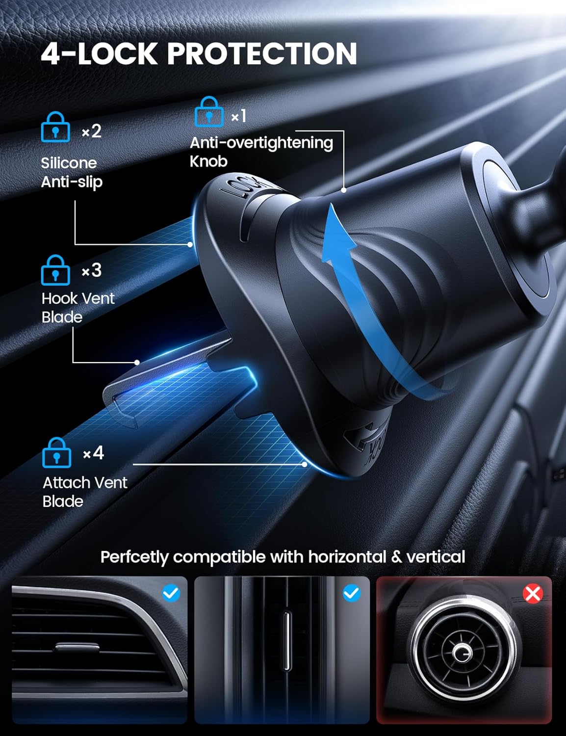 Lamicall Car Phone Holder Mount [3-in-1 Military-Grade Suction Cup] 360° Rotation Phone Holders for Your Car [Metal Hook] Cell Phone Car Mount Dashboard Vent Windshield for iPhone 16 All Smartphone