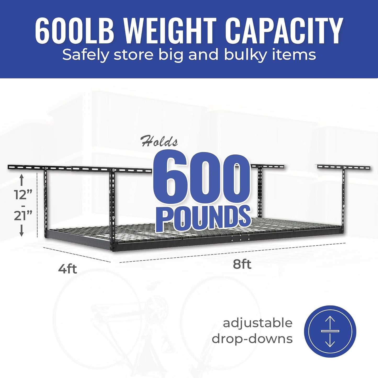 SafeRacks Overhead Storage Rack - Heavy Duty, 600 lb Capacity, Adjustable, Ceiling Mount for Garage 4x8 Hammertone (12"-21")