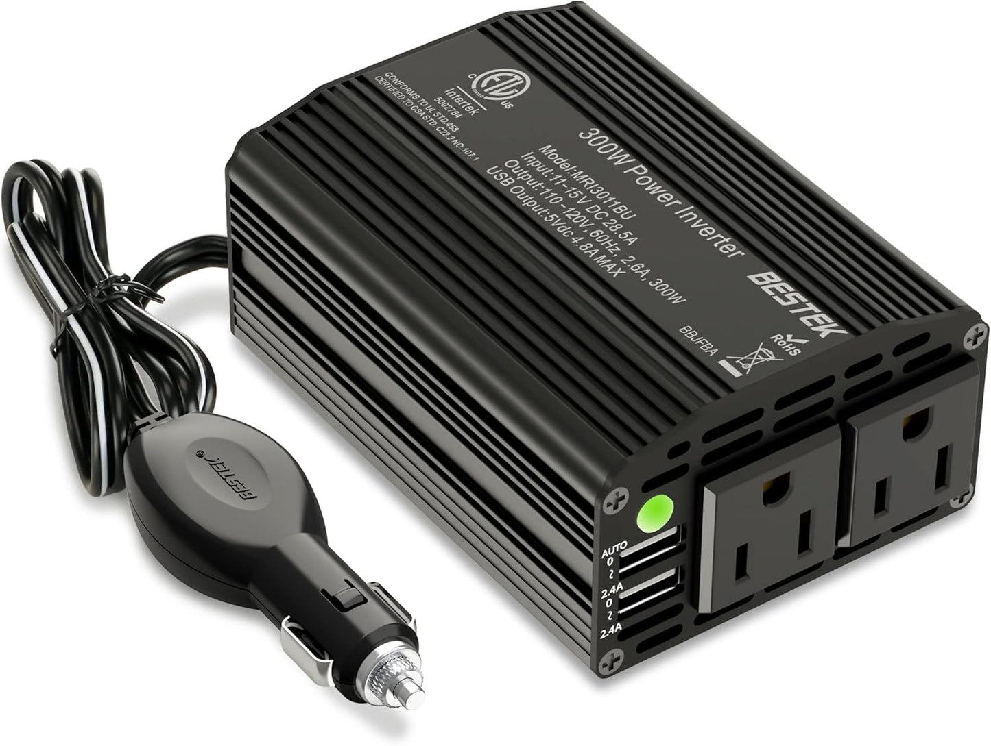 BESTEK 300W Power Inverter DC 12V to 110V AC, Durable Aluminum Housing Car Charger Adapter with 4.8A Dual USB Fast Charging Port, Car Plug in Cigarette Lighter Outlet for Phone, Laptop