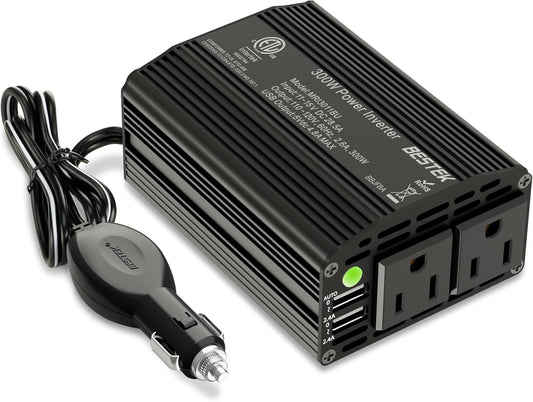 BESTEK 300W Power Inverter DC 12V to 110V AC, Durable Aluminum Housing Car Charger Adapter with 4.8A Dual USB Fast Charging Port, Car Plug in Cigarette Lighter Outlet for Phone, Laptop