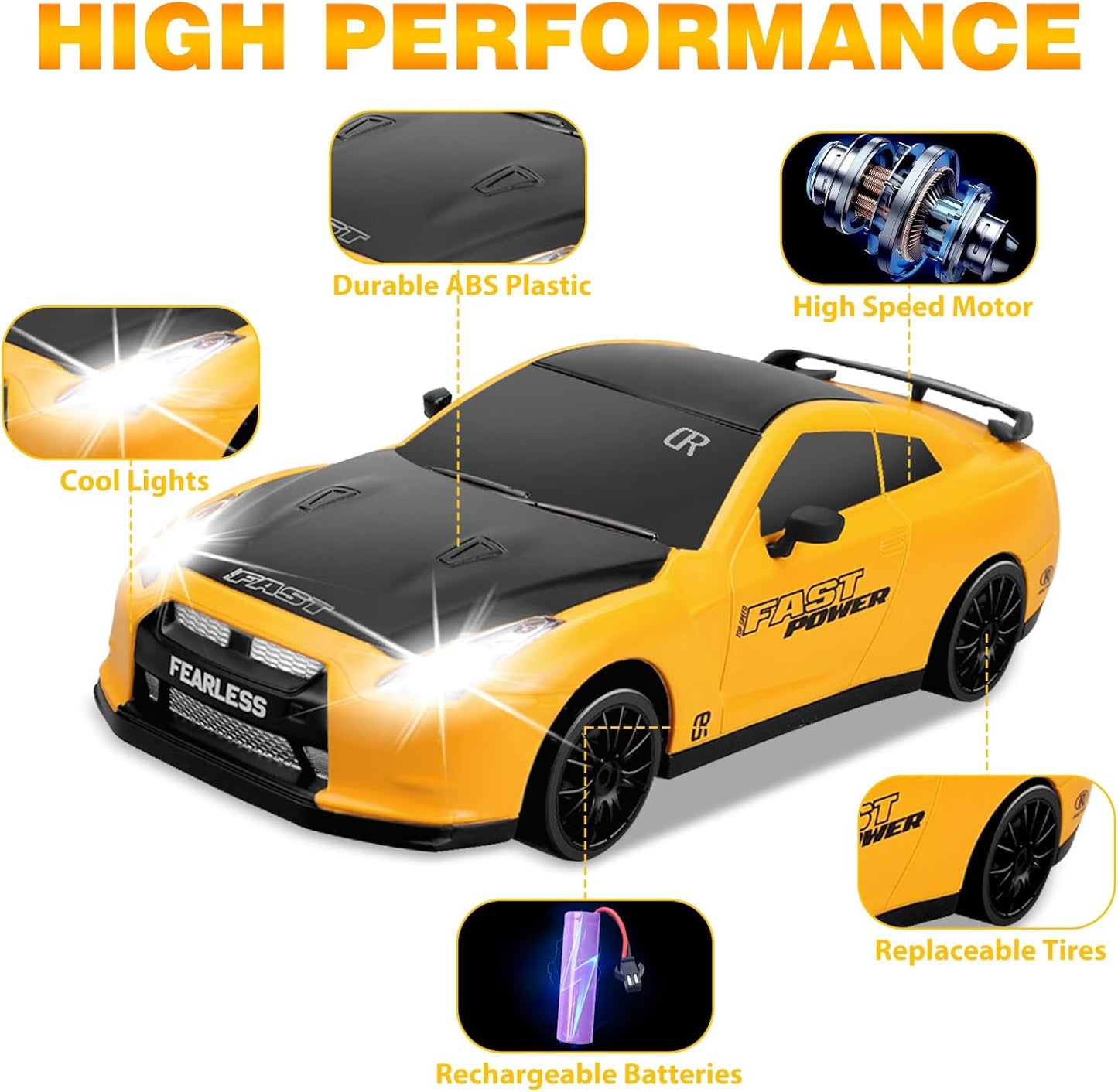 RC Drift Car 1/24 2.4GHz 4WD Remote Control Car, High Speed Drifting RC Cars with LED Lights, Rechargeable Batteries and Drift Tires Racing Toy Cars for Kids (Yellow)