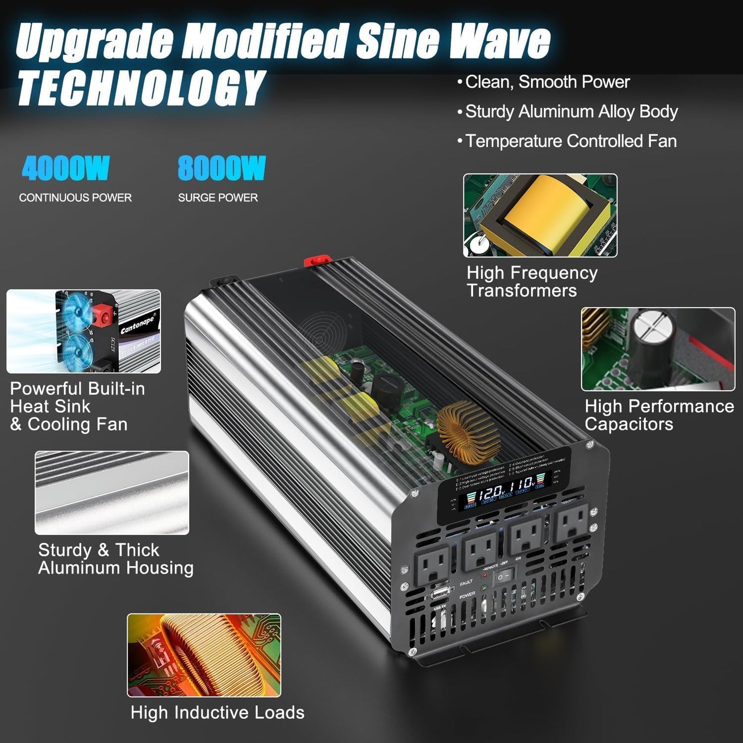 4000 Watt Power Inverter, Car Inverter 12V DC to 110V/120V AC Converter with LCD Display, 4 AC Outlets, USB Port & Remote Controller for RV, Truck, Off-Grid Solar System