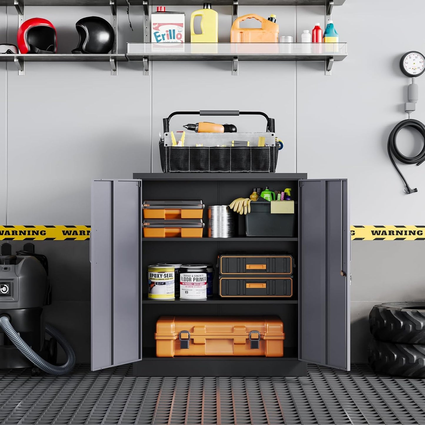 Yizosh Metal Garage Storage Cabinet with 2 Doors and 2 Adjustable Shelves - 35.5" Steel Lockable File Cabinet for Home Office,Garage,Gym,School（Gray Black）