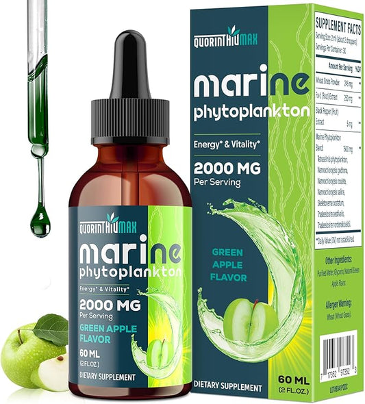 Marine Phytoplankton Drops 2000mg - High Absorption Phytoplankton Supplement with Wheatgrass & Fo-ti for Cellular Wellness, Hair Growth, Energy & Immunity - Green Apple Flavor, 2 fl oz (Pack of 1)