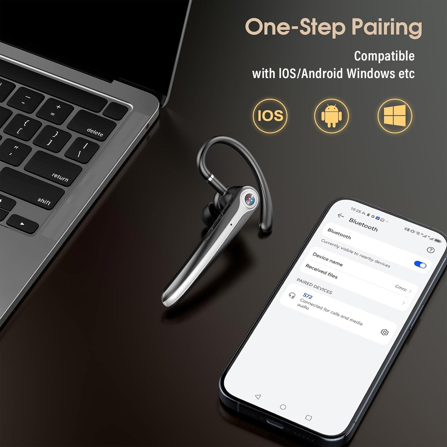 Bluetooth Headset, Wireless Bluetooth Earpiece with ENC Noise Canceling Mic, 120Hrs Talk Single-Ear Headphones, LED Display, IPX7 Waterproof Hand-Free Earphone for Business/Trucker/Driver, Blcak