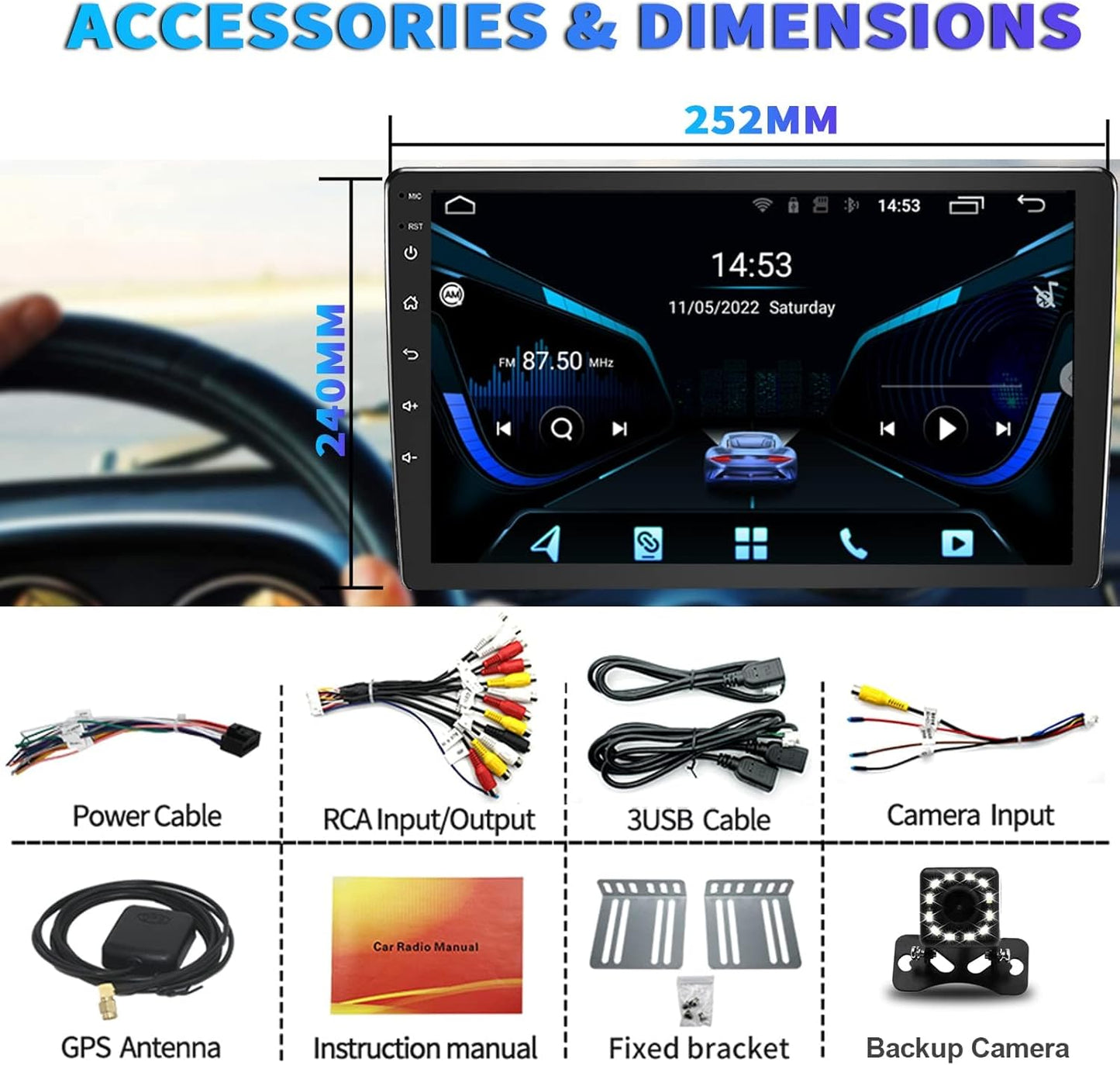 BINIZE Android Double Din 10.1 Inch Touch Screen Bluetooth Car Radio,Radio with Wireless Carplay＆Android Auto,GPS Navigation Receiver,Bluetooth,FM,Dual USB,Mirror Link,Support Backup Camera【2+32】