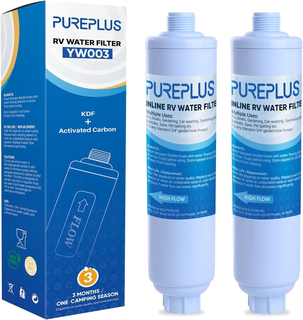 PUREPLUS RV Water Filter System for Garden, Pool, Spa, RV, Camper, Marine, Boat Hose, for Drinking, Car Washing, Gardening, Planting, Reduces Chlorine, Heavy Metals, Odors, 2PACK