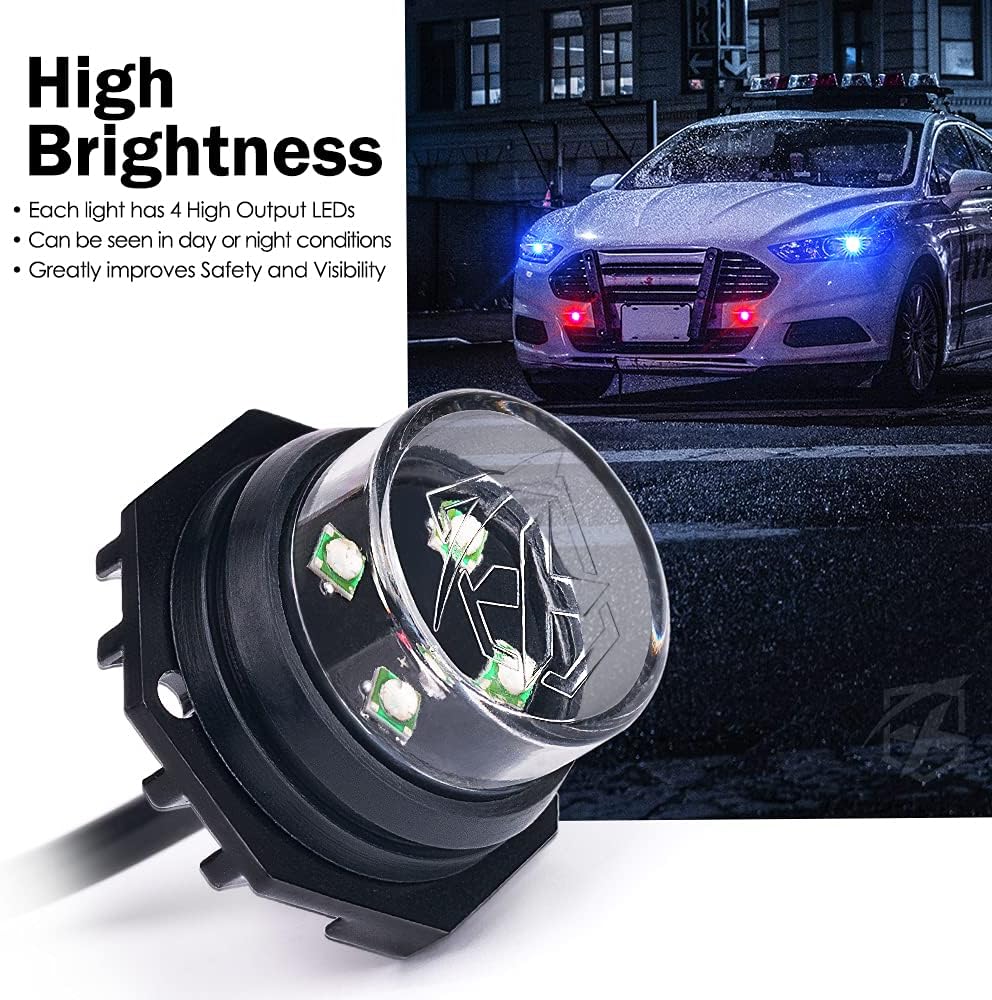 Xprite Red Blue LED Hideaway Strobe Police Lights Kit, 20 Flashing Patterns w/Control Panel for Headlights Taillights Hazard Warning Mounting, for Emergency Vehicles Volunteer Cop Cars Trucks, 4PCS