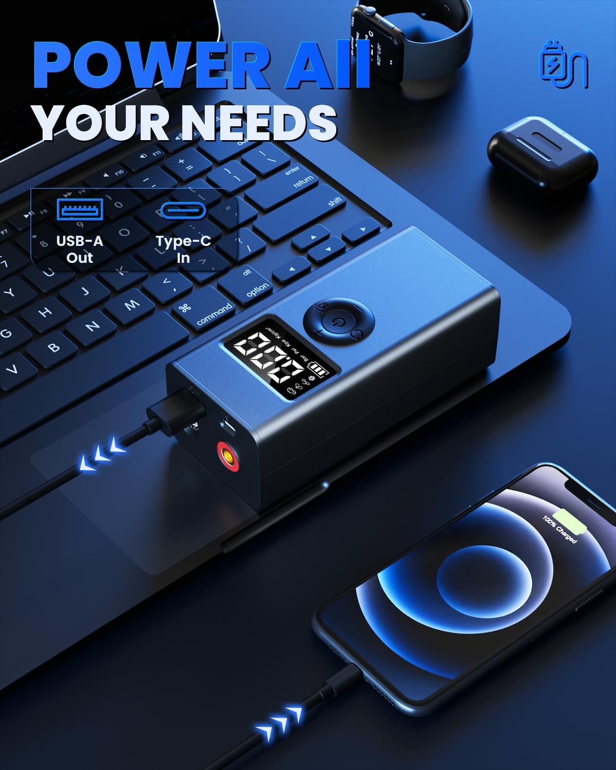 Tire Inflator Portable Air Compressor, 160PSI Air Pump for Car Tires with Digital Pressure Gauge, LED Light and Auto Shut-Off Function, for Car/Motorcycle/Bike/Ball