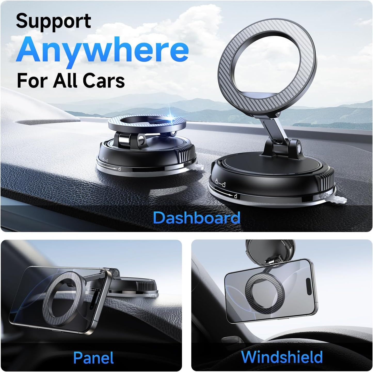 Car Phone Holder for Magsafe [78+LBS Strongest Suction & 2400gf Strongest Magnetic] 360° Adjustable Car Phone Mount, Phone Holders for Your Car for iPhone 16 Pro Max 15 14 13 12 Plus (Carbon Fiber)