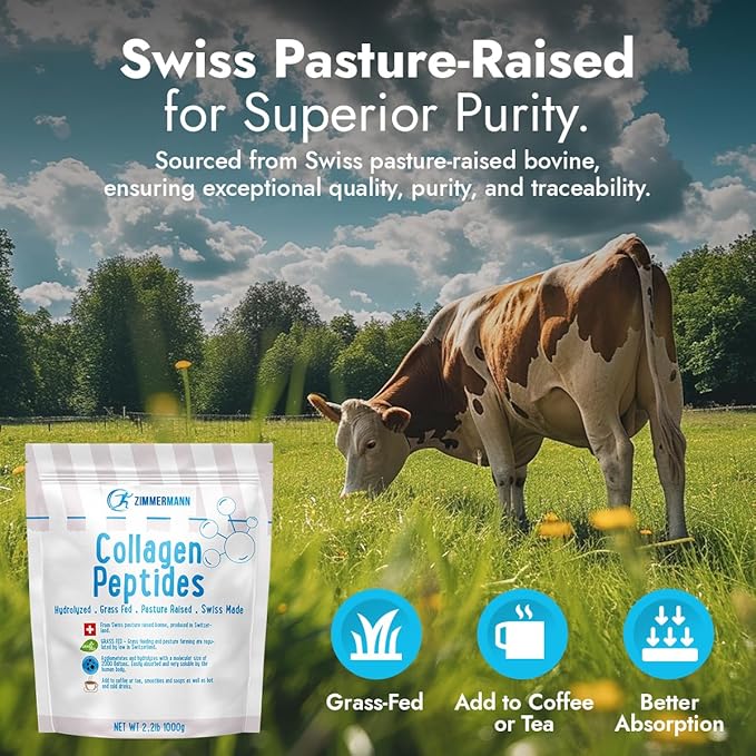 Zimmermann Collagen Peptides Powder 2.2lb 1000g, Produce of Switzerland, Grass Fed, Hydrolyzed, Unflavored, for Women & Men - Hair, Skin, Nail, & Joint Support, Keto, Type I and III.