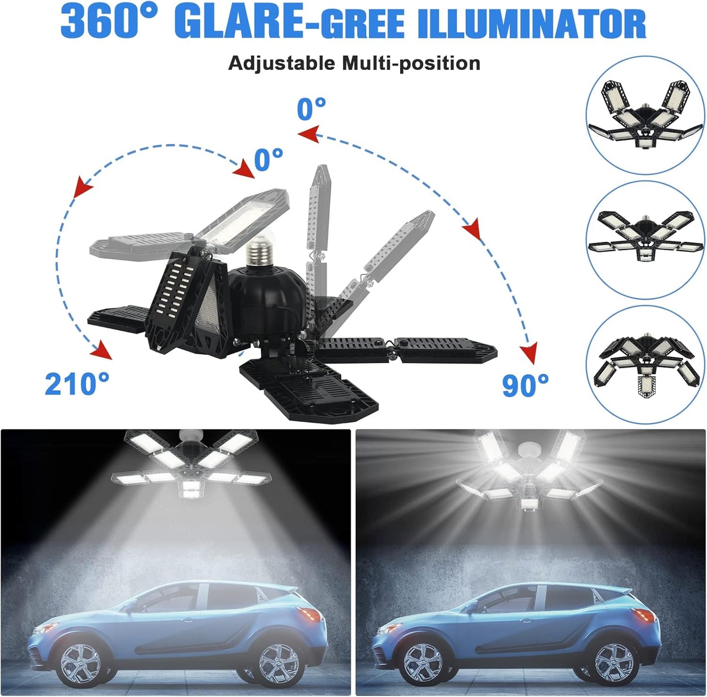 LED Garage Lights Bulb 10+1 Panels 2 Pack -200W, 20000LM 6500K Led Shop Light with 6+1 Deformable Panels, Ceiling Lights for Basement Barn Light Garage