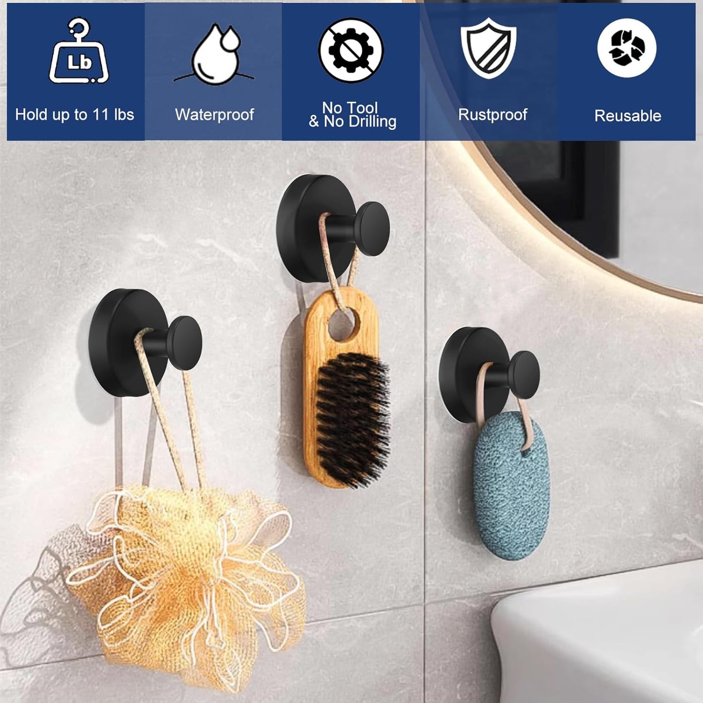 4 PCS Suction Cup Hooks for Shower, Hooks for Inside Shower, Removable Towel Hooks for Bathroom Wall, Kitchen, Glass, Tile, Mirror, Bath Robe Looafh Hook for Hanging (Black)