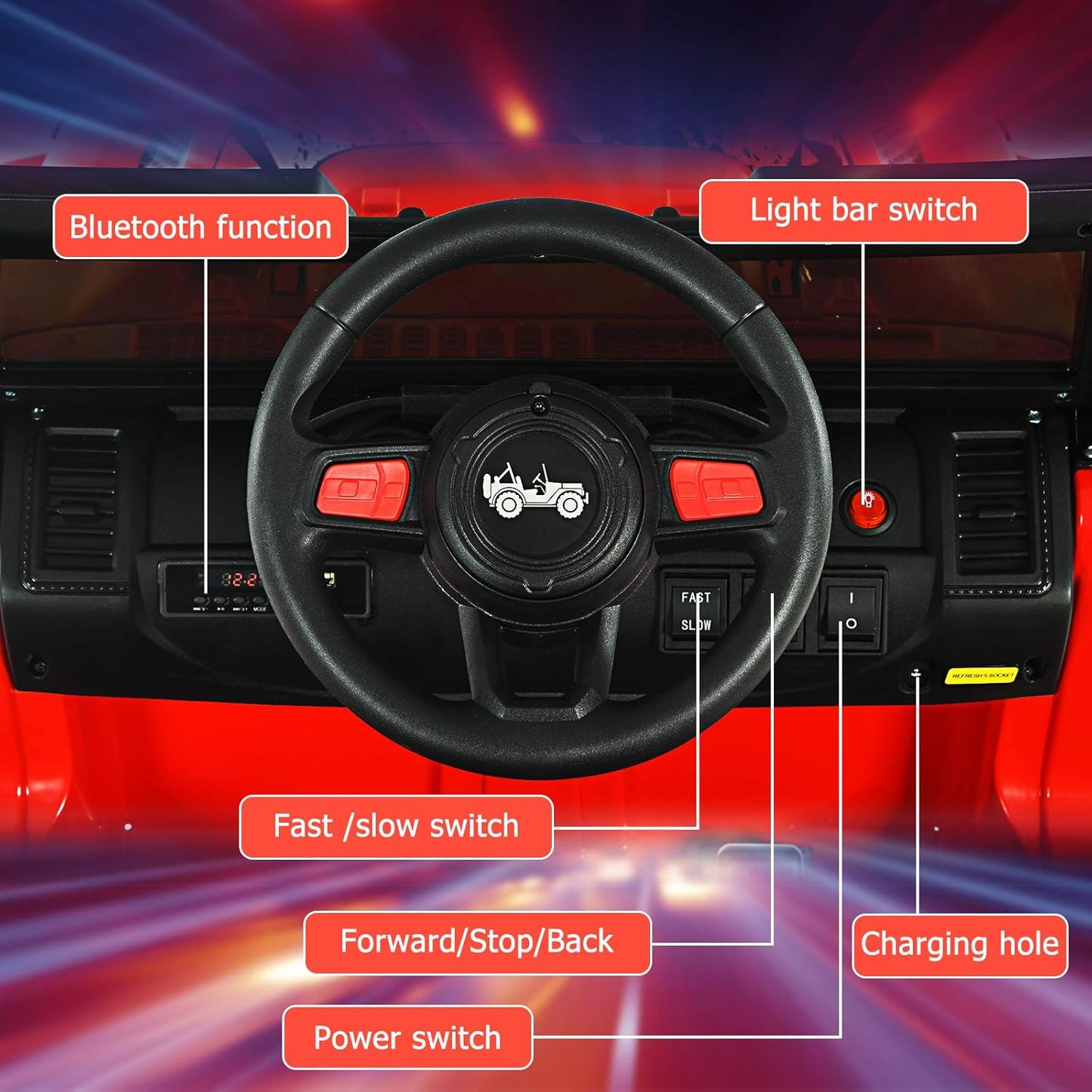 INFANS Kids Ride on Car Truck with 2.4G Remote Control, 12V Battery Powered Electric Cars for Kids w/3 Speeds, Battery Display, LED Lights, Safety Belt, Music & Horn, Bluetooth/FM/USB (Red)