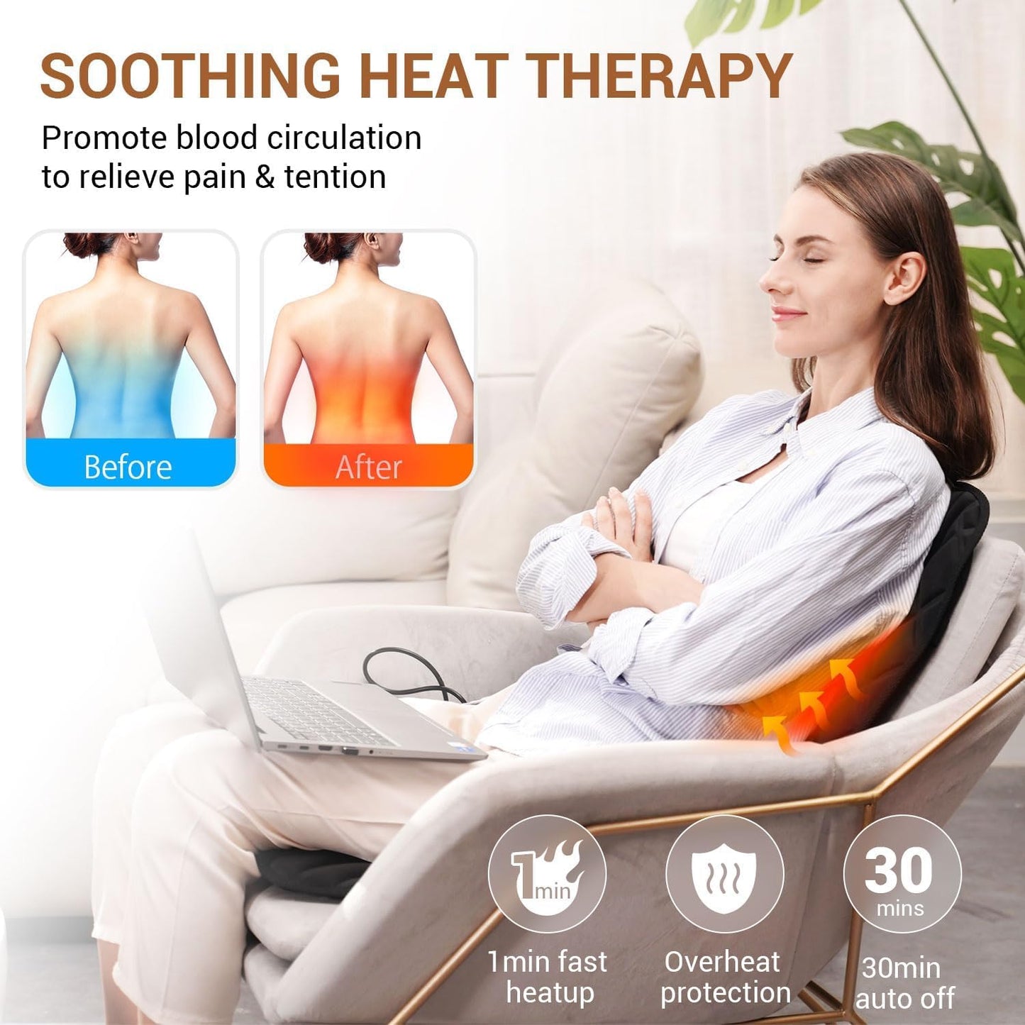 Back Massager with Heat,Heated Seat Cover Cushion with 5 Vibrating Massage Nodes & 2 Heat Levels Massage Chair Pad for Pain Relief Home Office Use
