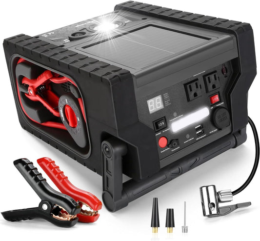 2000A Peak Car Battery Jump Starter with Air Compressor Tire Inflator, All in One Heavy Duty 12V Battery Jumper Box Car Start Booster Up to 10L Gas/8L Diesel Engines with 400W AC Inverter, LED Light