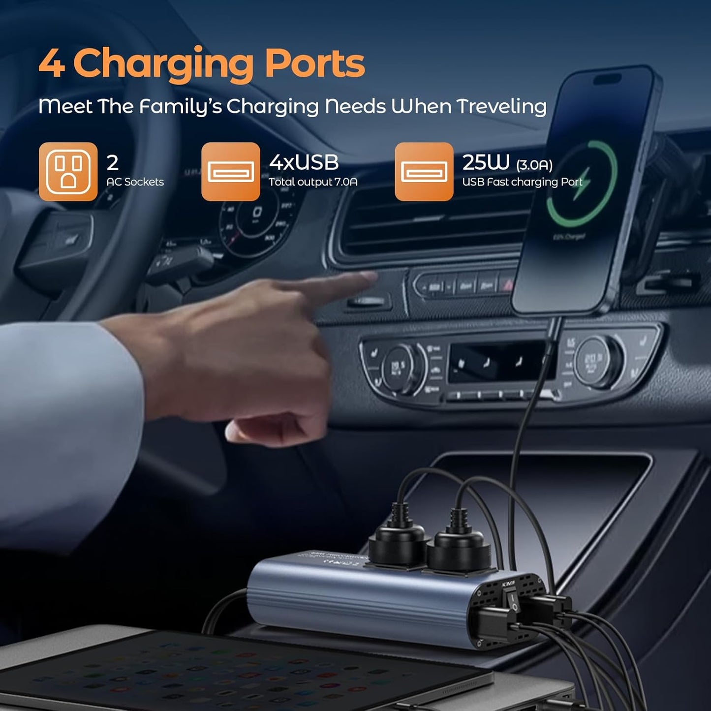 300W Car Power Inverter, DC 12V to 110V AC Car Plug Adapter Outlet with USB-Fast Charger(25W)、 USB-A（20W） and Dual AC Outlet, QC3.0, 4 USB Ports, Car Charger for Laptop、Phone, etc