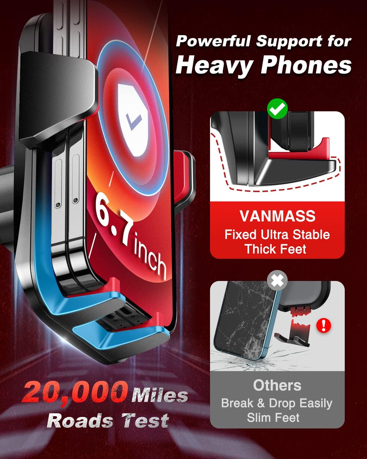 VANMASS 【2025 Strongest & Military-Grade Car Phone Mount 【Patent & Safety】 Ultimate Cell Phone Holder Best Handsfree Stand for Dash Windshield Vent for iPhone 16 Pro Max 15 14 Android & Truck, Red